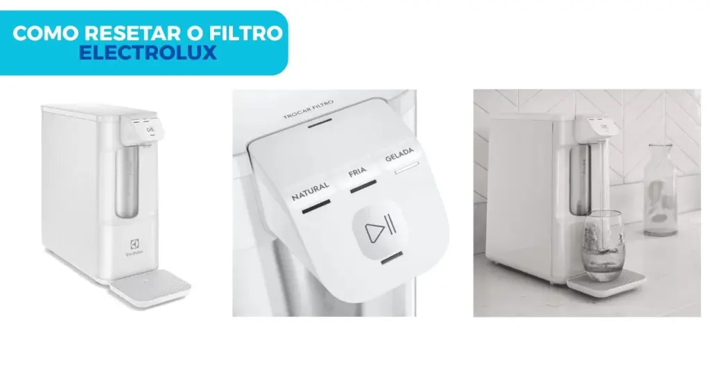 Botão de reset do Purificador de Água Electrolux PE12B, localizado no painel de controle para reiniciar o indicador de troca de filtro