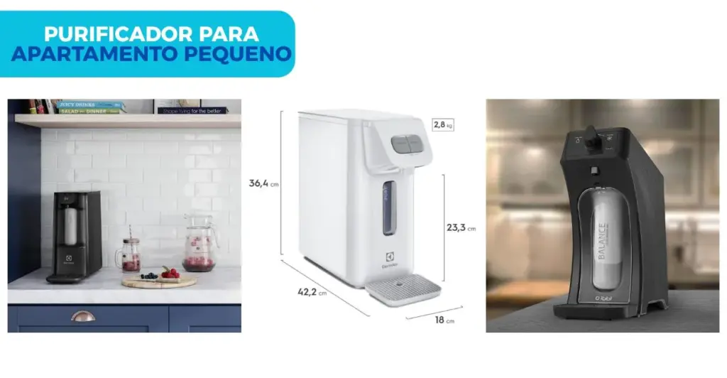 Três modelos compactos de purificadores de água ideais para apartamentos, mostrando diferentes estilos e tecnologias de filtragem