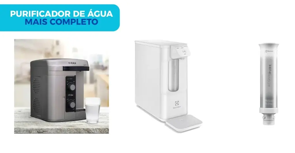 Dois purificadores de água lado a lado com um refil de filtro, comparando modelos para escolha do melhor purificador.