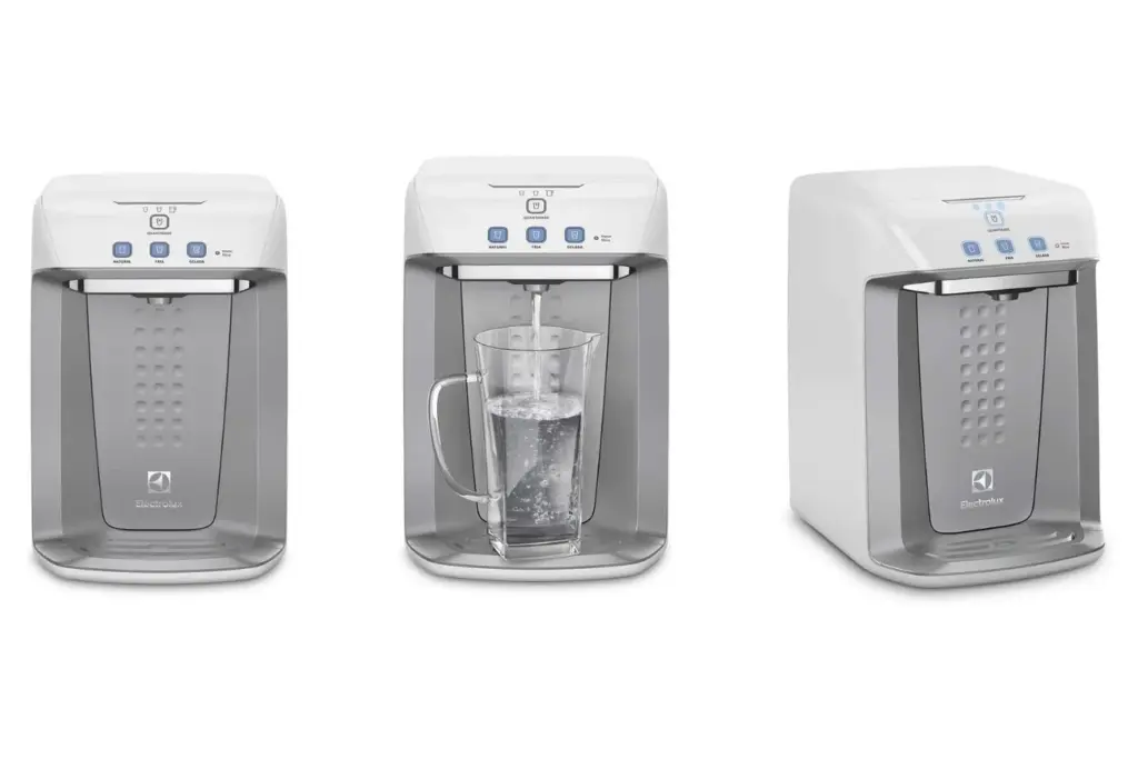Purificador de Água Electrolux PA21G em três ângulos diferentes: frontal, lateral e detalhe do painel de controle, sobre fundo branco