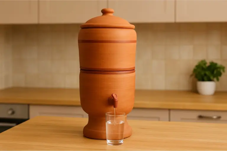 Filtro de barro tradicional sobre uma bancada de madeira em uma cozinha com pia ao fundo.