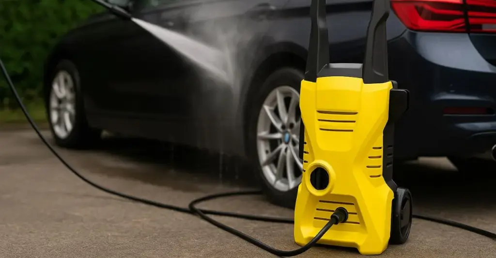 Lavadora de alta pressão amarela sendo usada para lavar um carro preto em uma calçada.