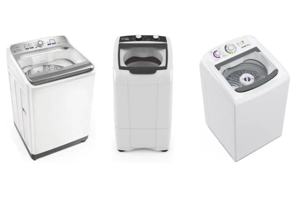 Três máquinas de lavar roupas em fundo branco