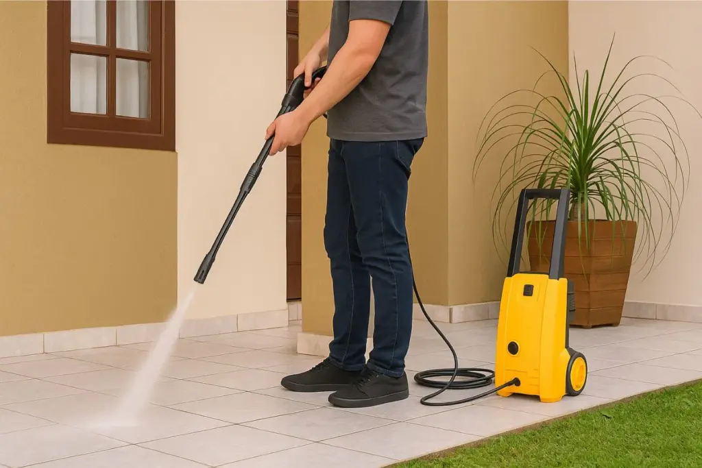 Homem usando lavadora de alta pressão para limpar piso de cerâmica em área externa de casa, ao lado de uma planta decorativa