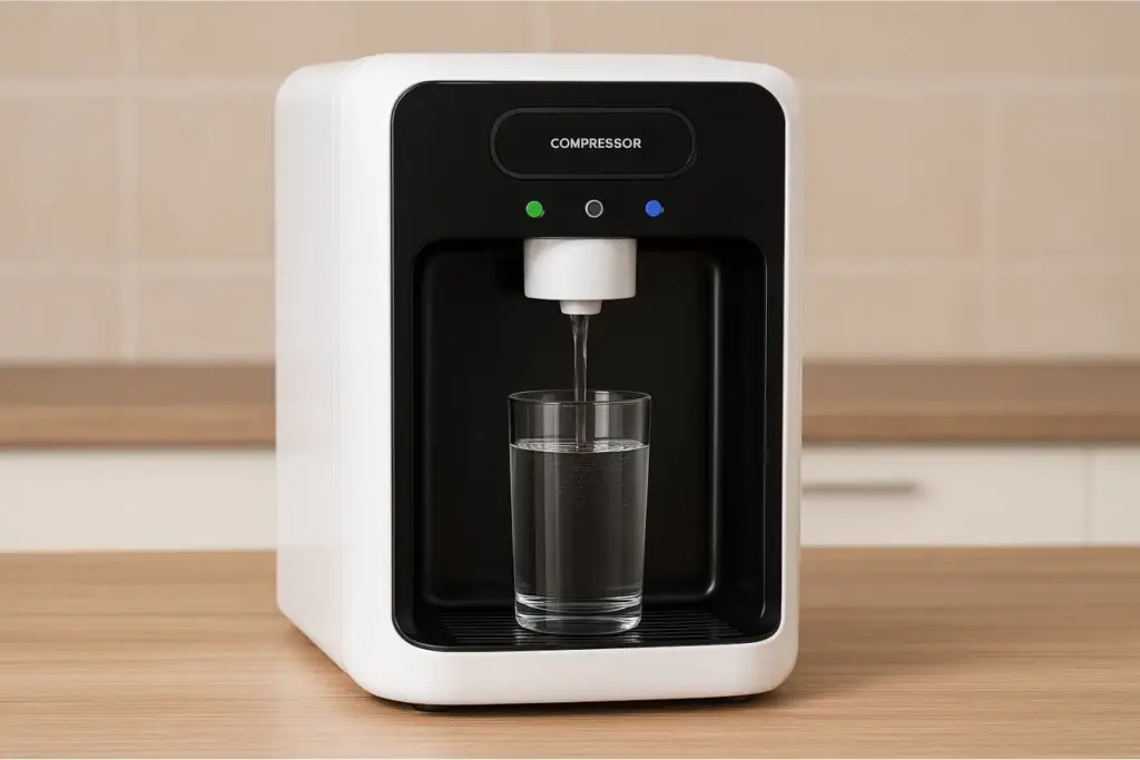 Purificador de água moderno com compressor sobre uma bancada de madeira, dispensando água em um copo.