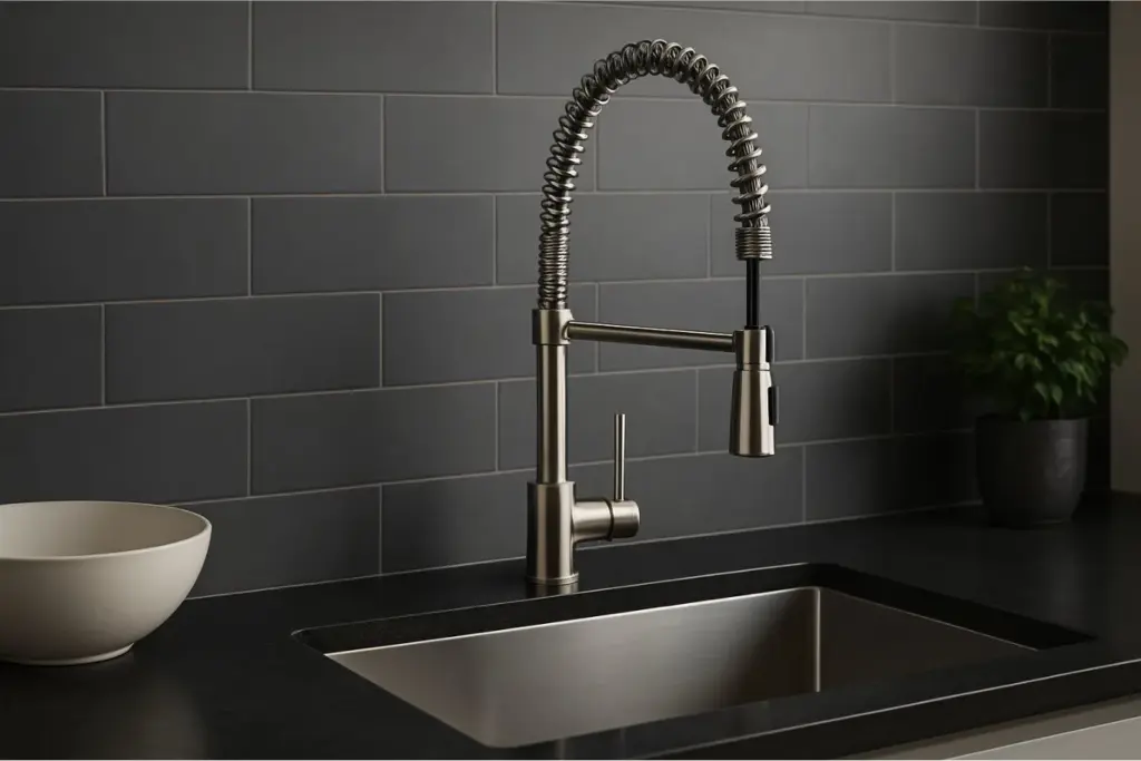 Torneira moderna para pia de cozinha em aço inox, com bica alta e design elegante, ideal para cozinhas contemporâneas.