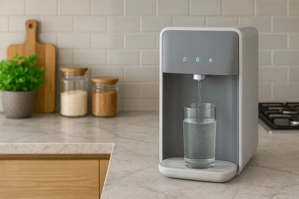 Purificador de água cinza sobre bancada de cozinha moderna com parede de azulejos claros, ao lado de temperos e plantas