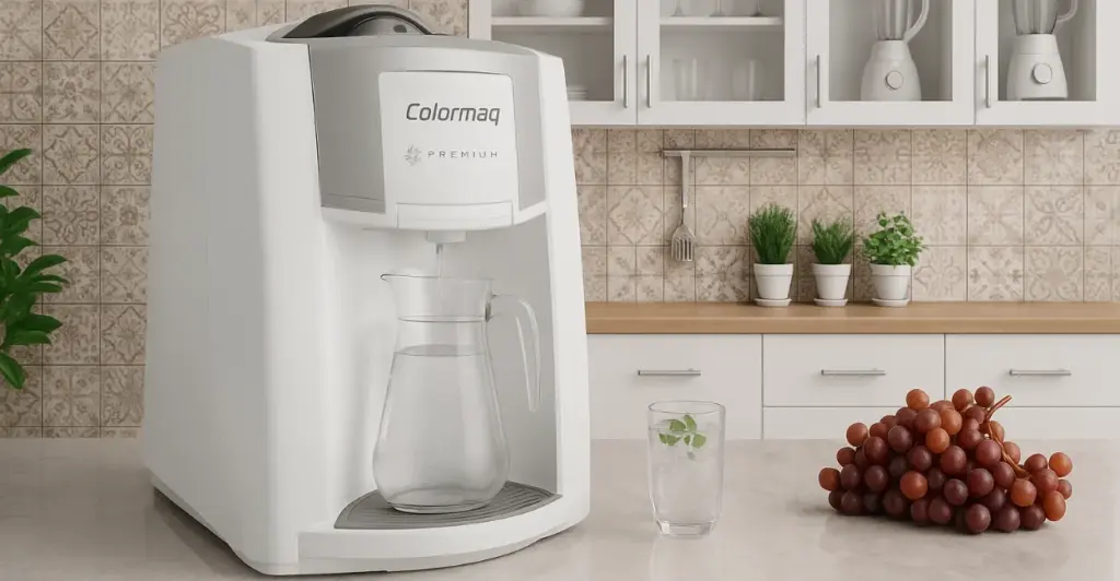 Purificador de água Colormaq Premium em uma cozinha moderna com jarra de vidro, copo com hortelã e cacho de uvas sobre bancada de mármore.