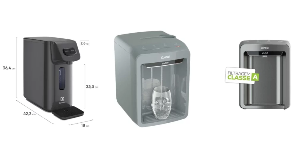imagem de 3 modelos de purificador de agua, das marcas consul e electrolux em um fundo branco