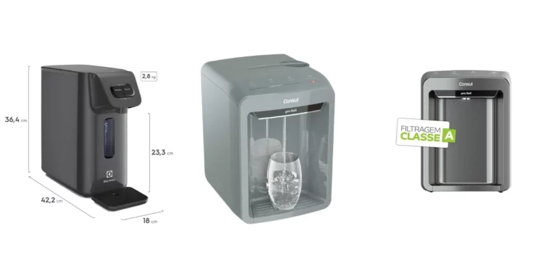 imagem de 3 modelos de purificador de agua, das marcas consul e electrolux em um fundo branco