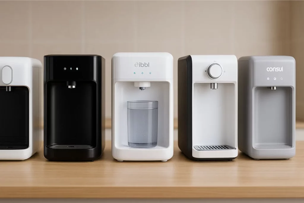 Foto de 5 modelos de purificador de água de parede sobre uma bancada