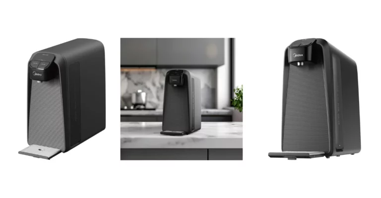 Purificador de água Slim Pure Midea preto em três ângulos, com design compacto e moderno sobre bancada de cozinha.