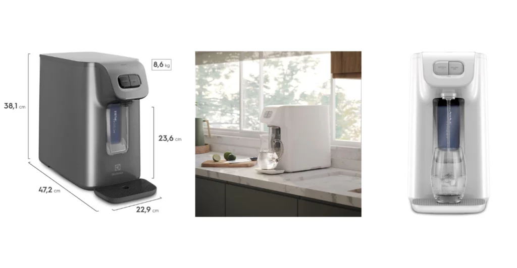 Purificador de água Electrolux com compressor modelo PC01B branco em cima de uma bancada de cozinha.