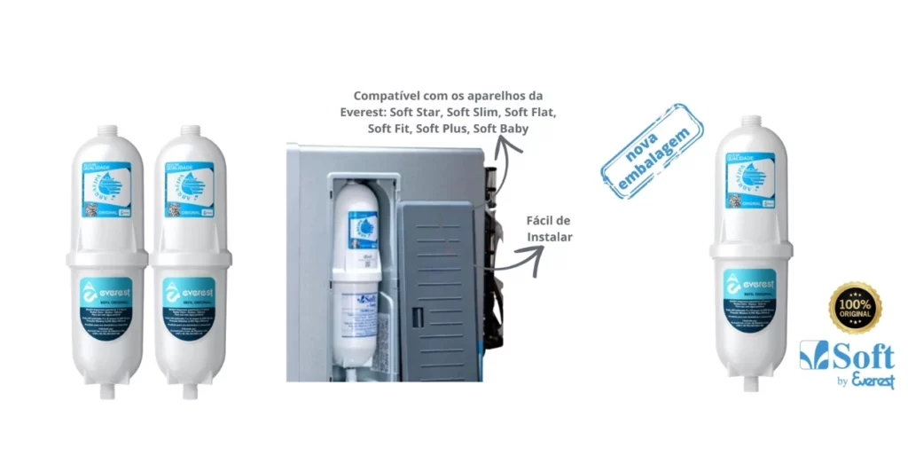 Refil filtro purificador Everest original instalado em purificador de água doméstico, destacando sistema de filtragem e qualidade da água