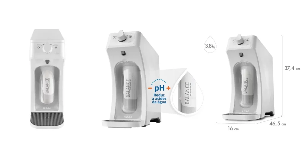 Purificador de água IBBL E-due Equilibrium na cor branca, posicionado em uma bancada, destacando seu design moderno e painel frontal com controles de temperatura