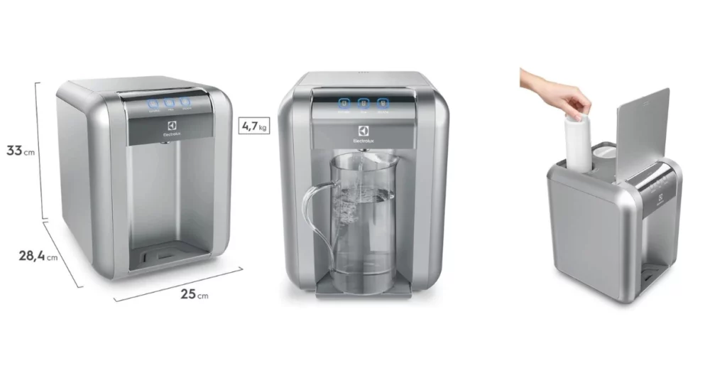 Purificador de Água Gelada Fria e Natural Elétrico Compacto Eletronico placa Electrolux cinza prata com Painel Touch Bivolt PE11X